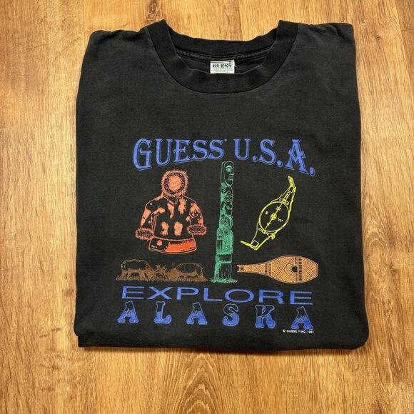 Vintage Guess USA Shirt Mens XL 90s Explore Alaska Nature Georges Marciano Black - Picture 1 of 6